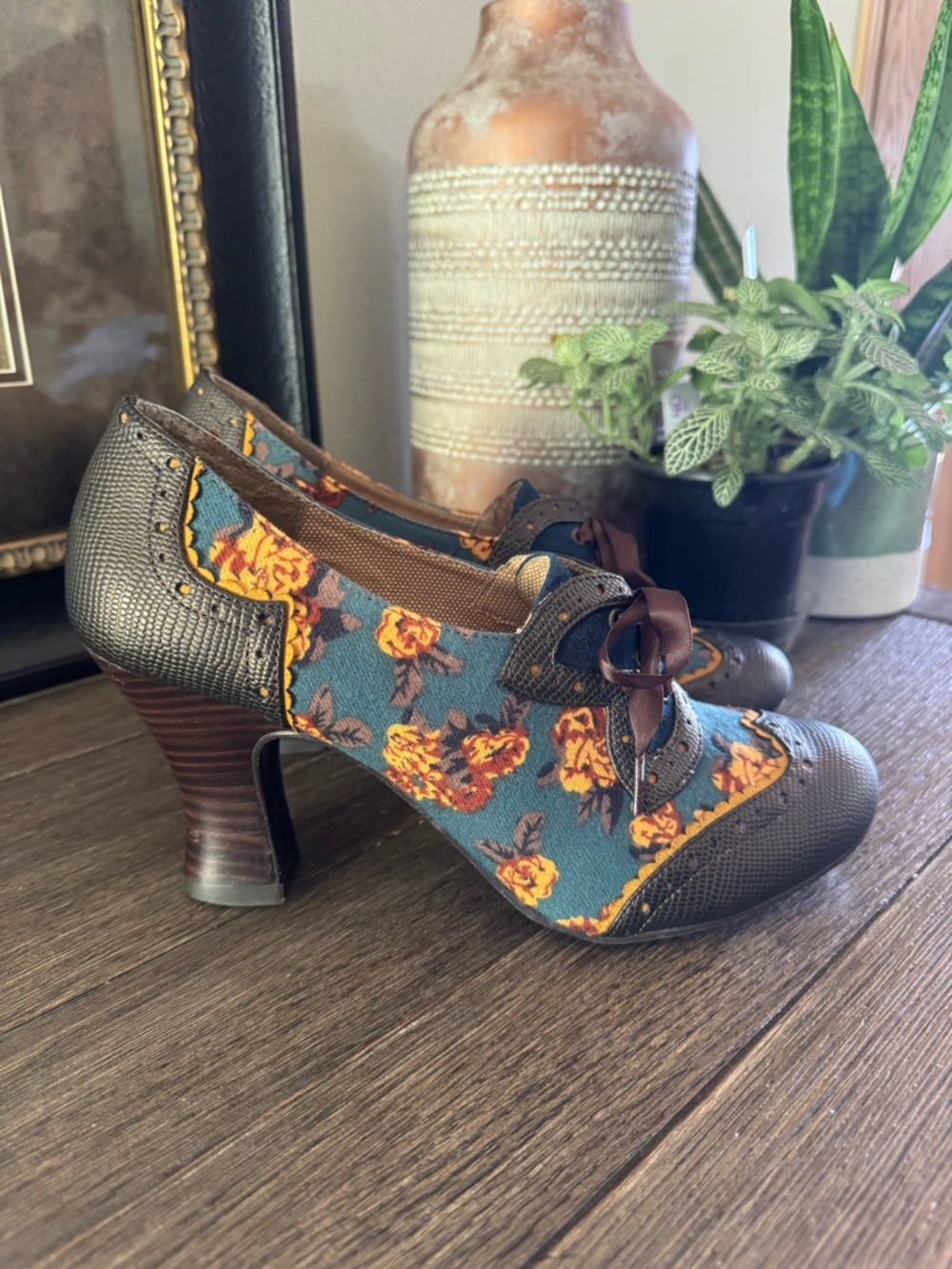 Ruby Shoo Floral Lace-Up Women's High Heel Oxford — Teal and Brown